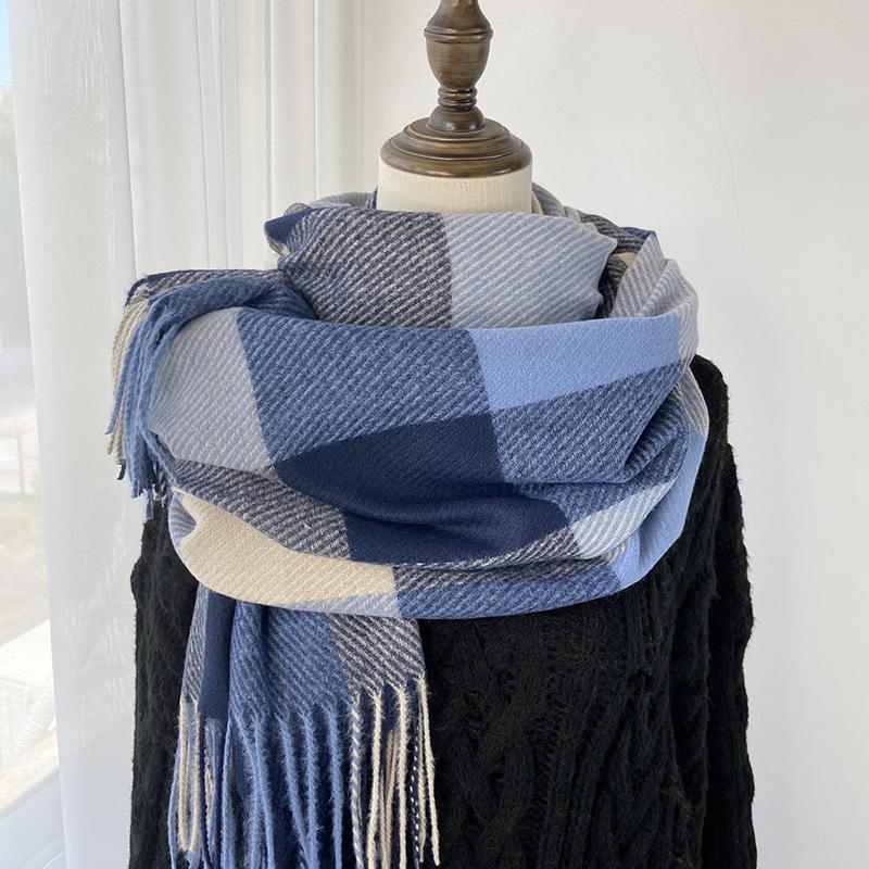 Geometric Plaid Scarf - Windproof Warm Winter Scarf with Fringe Edges, Unisex Elegant Casual Scarf for Women Fall Winter Fashion Accessory