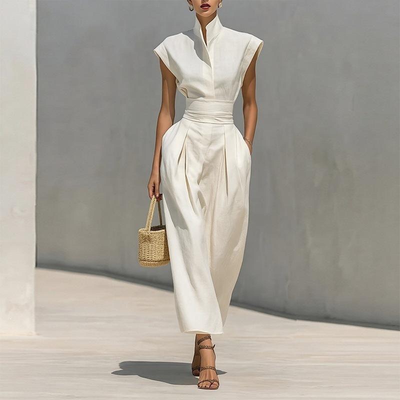 Europe, America 2026 summer new long dress temperament fashionable commuting simple stand-up collar loose waist dress S