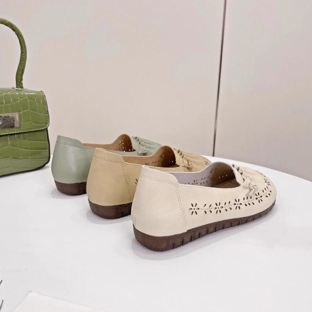 Fashion Leather Casual Women's Flat Shoes Round Toe Low Heel Elegant Beige Vacation Chic Luxury Brand 2025 Trend Social Ladies Footwear