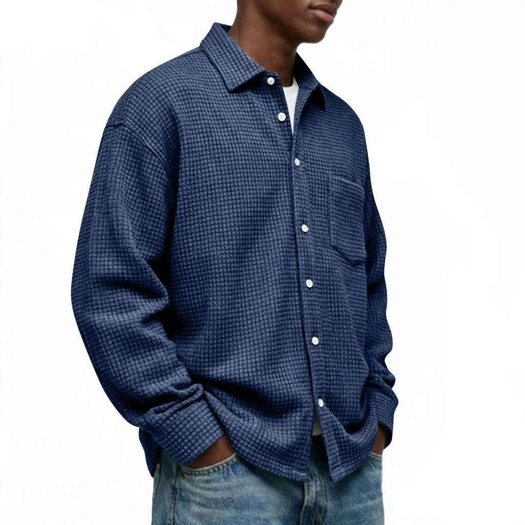 Single Breasted Vintage Long Sleeve Shirt Men Loose Solid Color Spring Autumn Men's Casual Pocket Shirt