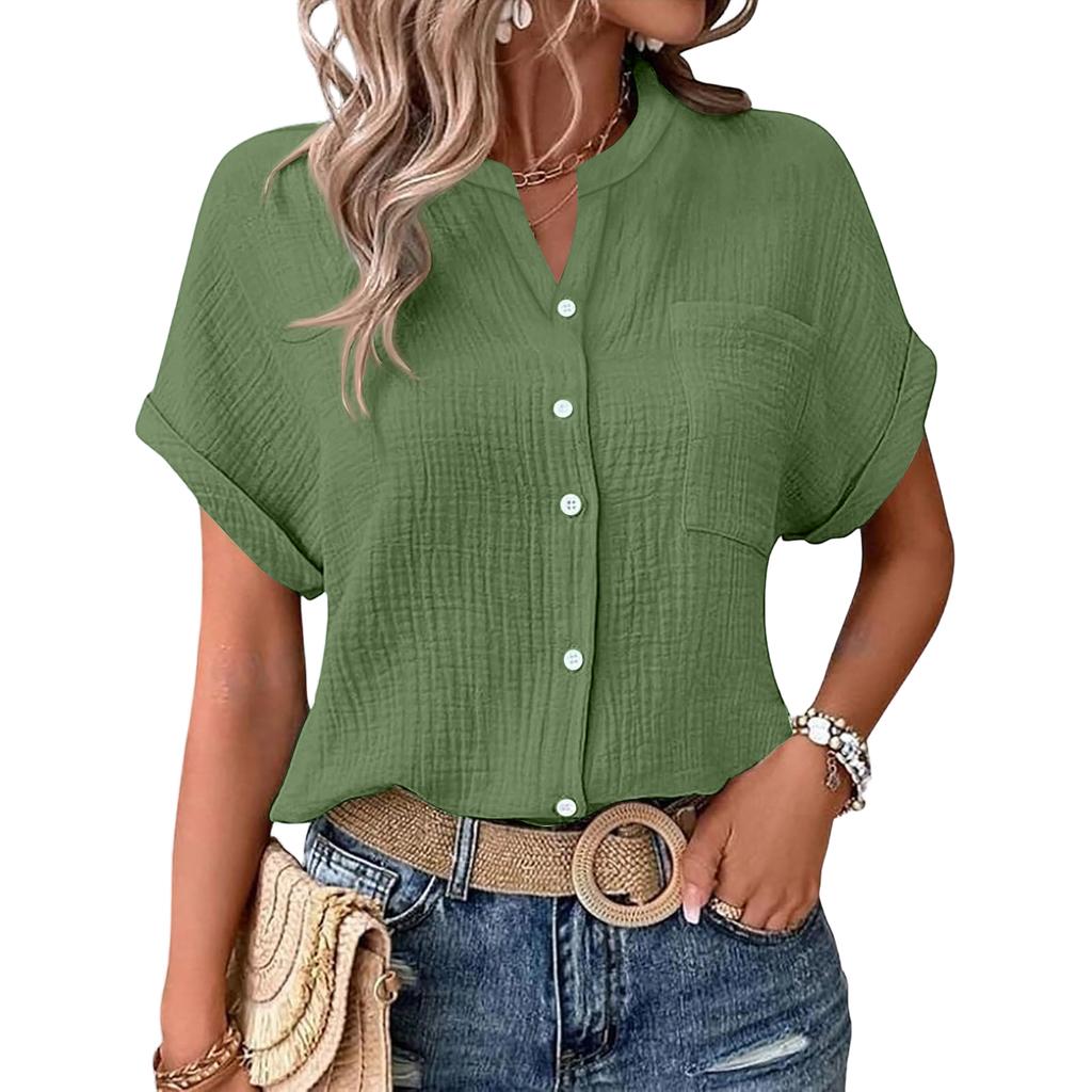 Women's Color Shirt Casual Short Sleeved Button Up Shirt For Women