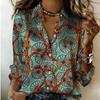 Women Satin Ethnic Abstract Feather Geometric Art Print Shirt Long Sleeve Lapel Button‑Down Blouse Trendy Casual Office Ladies Multi‑Color Top