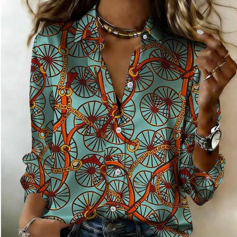 Women Satin Ethnic Abstract Feather Geometric Art Print Shirt Long Sleeve Lapel Button‑Down Blouse Trendy Casual Office Ladies Multi‑Color Top