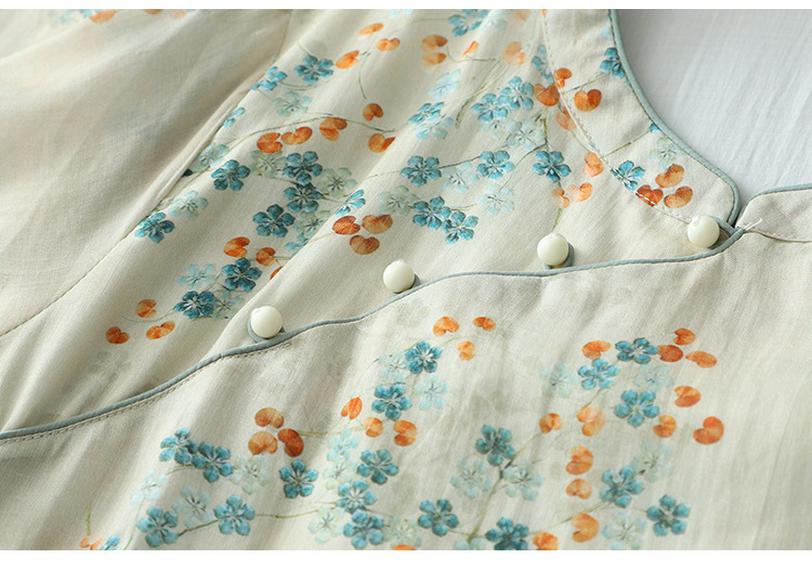 Chinese Style Fresh Age-Reducing Qipao Dress: Stand Collar, Diagonal Placket, Slim-Fit, Mid-Sleeve, Summer Cotton-Linen Blend for Women.