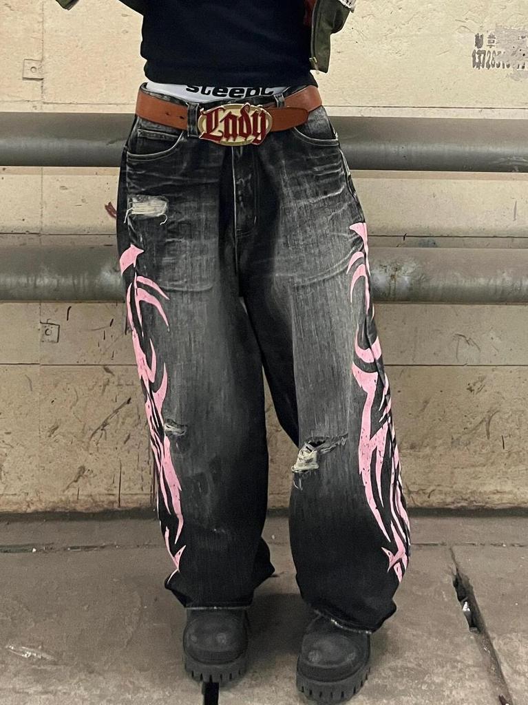 Jeans Unisex a Vita Alta Gamba Larga Vestibilità Larga Denim Non Elasticizzato Pantaloni Rosa Stampa Tribale Lavato Usurato Streetwear