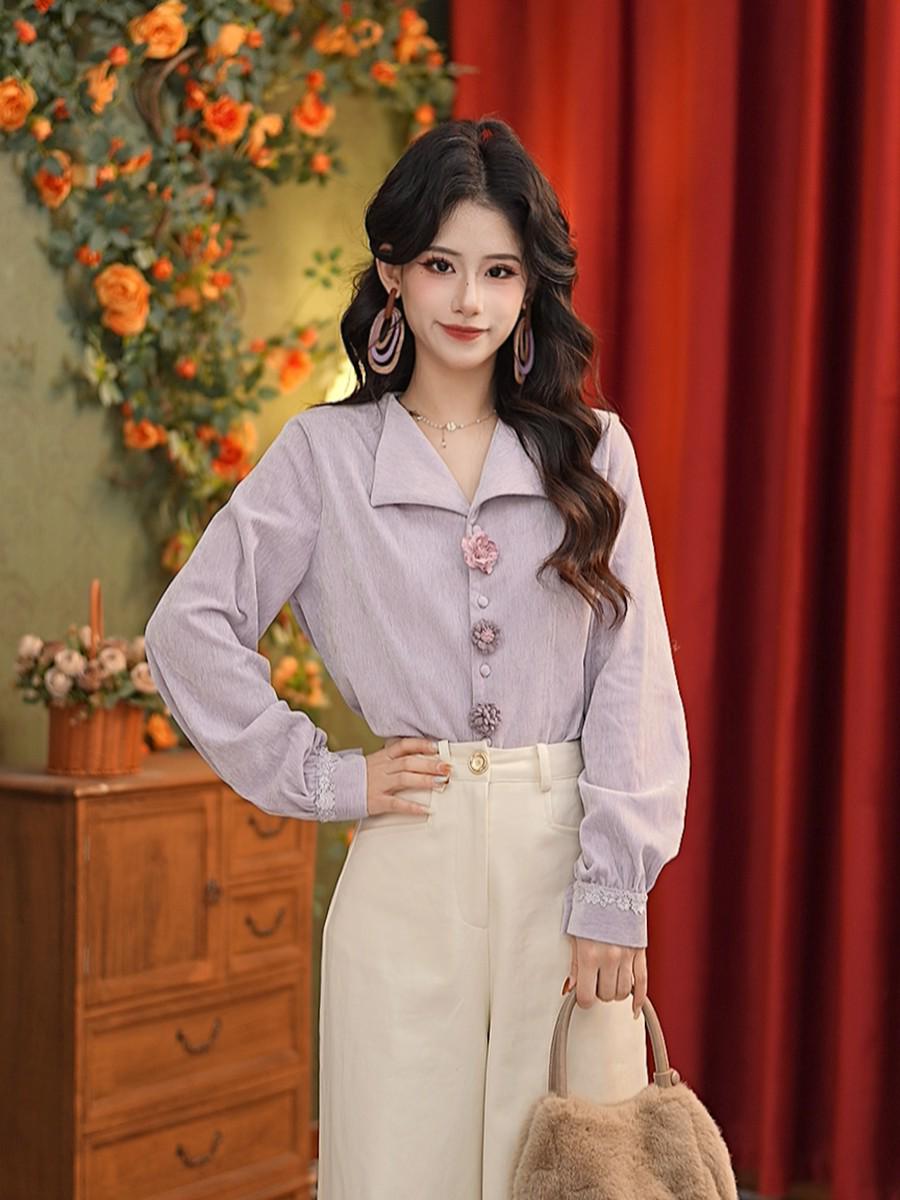 Zhang Jiayuan Autumn Collection: Slimming Retro Layered Women s Shirt G14651 Small светло-фиолетовый
