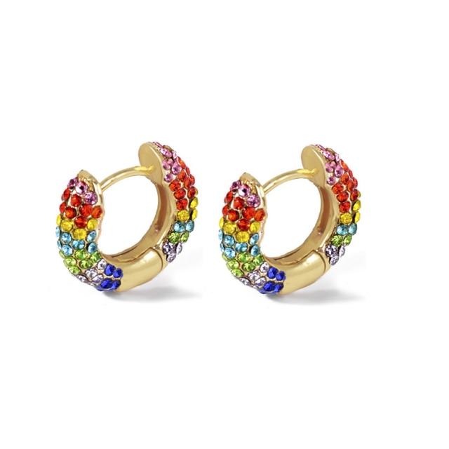 Women Cubic Zircon Rainbow Earrings Cubic Zirconia Ear Cuff Set Female Stylish Fashionable Gold Tone Huggie Clip On Earrings Earcuff Crystal Stone