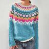 Women Sweater Round Neck Long Sleeve Patchwork Color Knitting Tops Loose Hem Printed Knitwear Winter Wear
