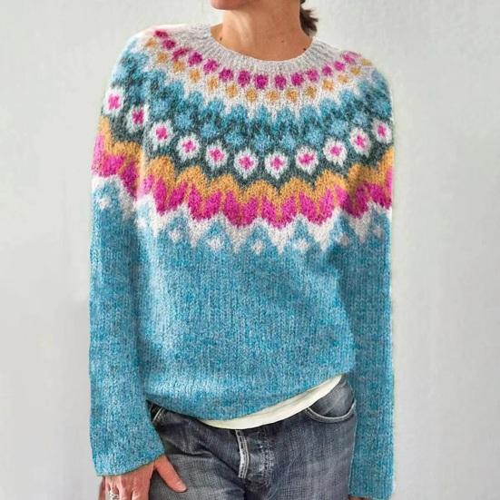 Women Sweater Round Neck Long Sleeve Patchwork Color Knitting Tops Loose Hem Printed Knitwear Winter Wear