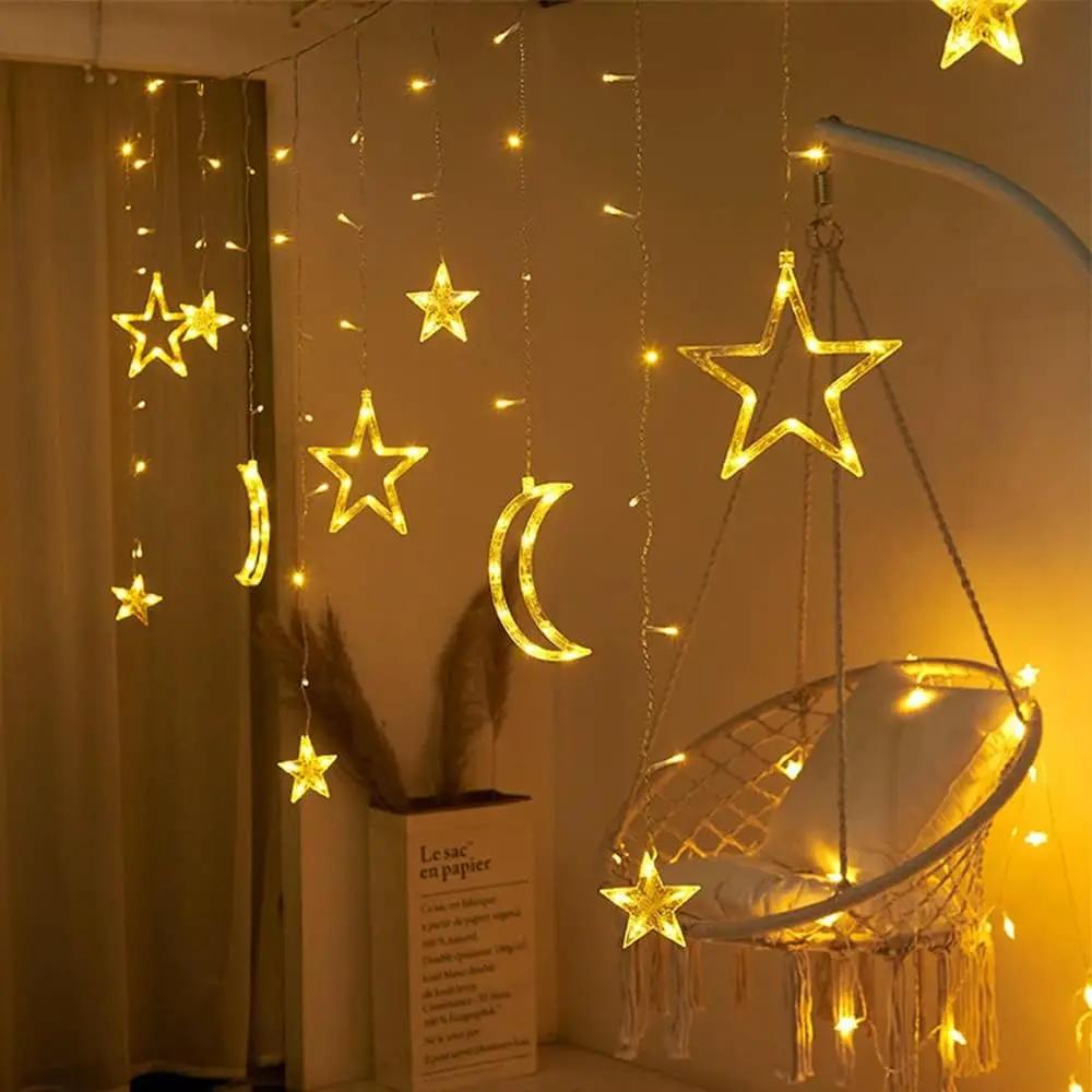 Moon Star Lamp LED Solar Fairy Curtain Light Outdoor 8-Mode Waterproof Remote Control for Porch Window Backyard Tent Decor