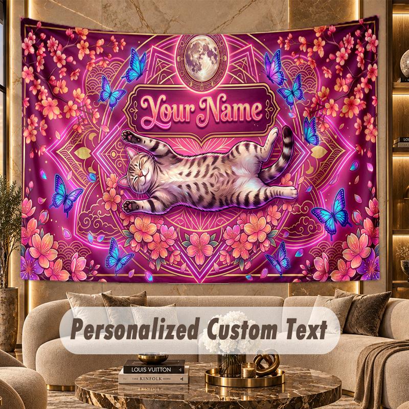 Cat (199) Theme Personalized Tapestry Custom Name Text Wall Hanging Tapestry Home Background Decoration