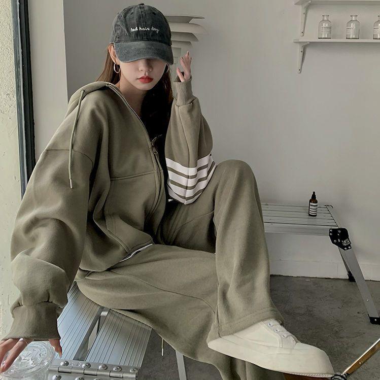 Women's Casual Korean Style Hoodie & Wide-Leg Pants Set - Slimming & Trendy for Autumn/Spring