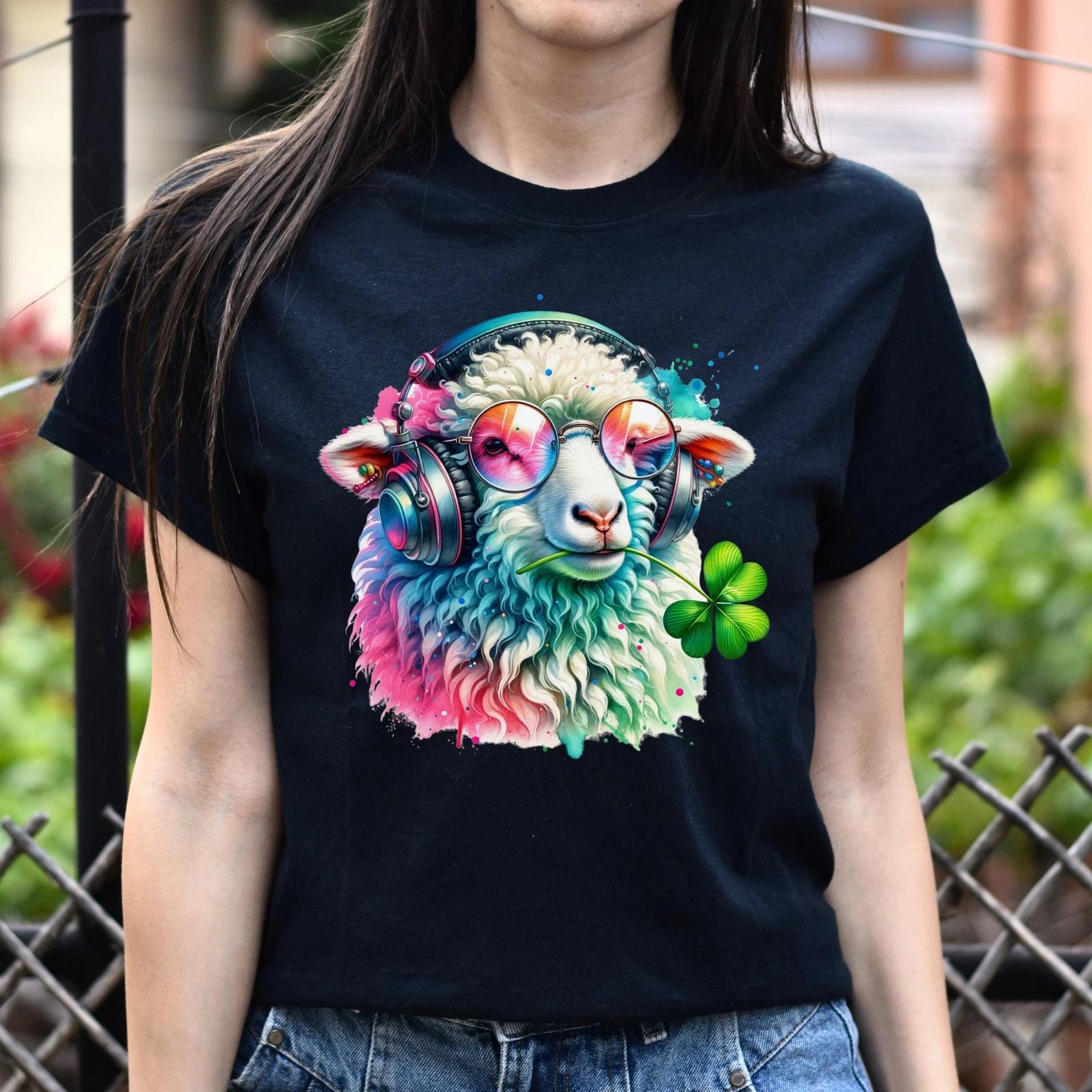 Irish Sheep with clover Colorful Unisex T-Shirt cool sheep farm tee Black Navy D S