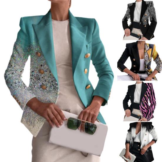 Women Blazer Right-angle Shoulder Double Breasted Long Sleeves OL Style Lapel Dress Up Cardigan Striped Print Lady Coat for Work
