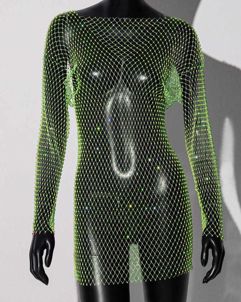 Damen Strass Fischnetz Rückenfreies Langarm Sexy Überwurfkleid