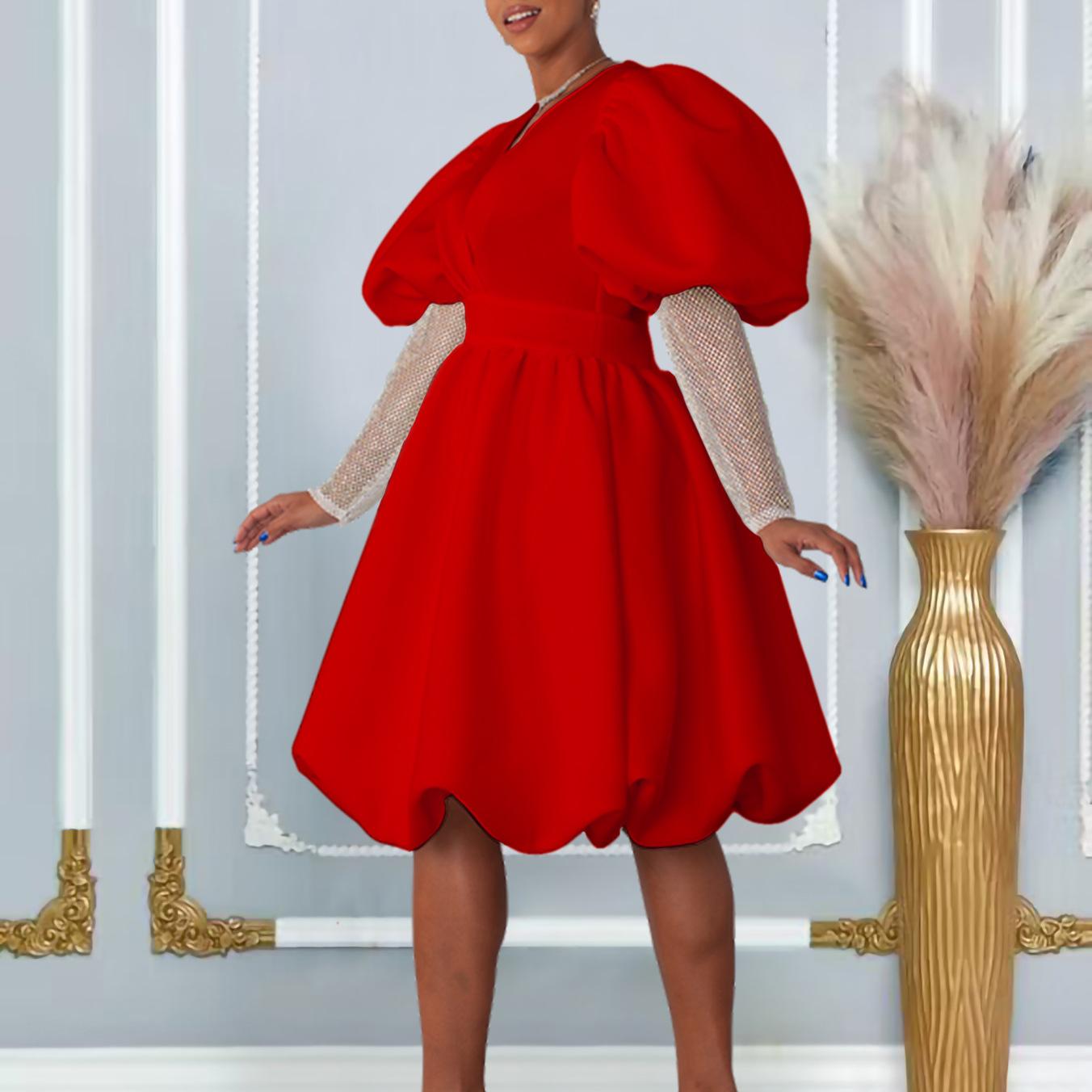 

Женское платье больших размеров с v-образным вырезом, объемными рукавами, банкетными платьями, платья подружки невесты 3XL красный