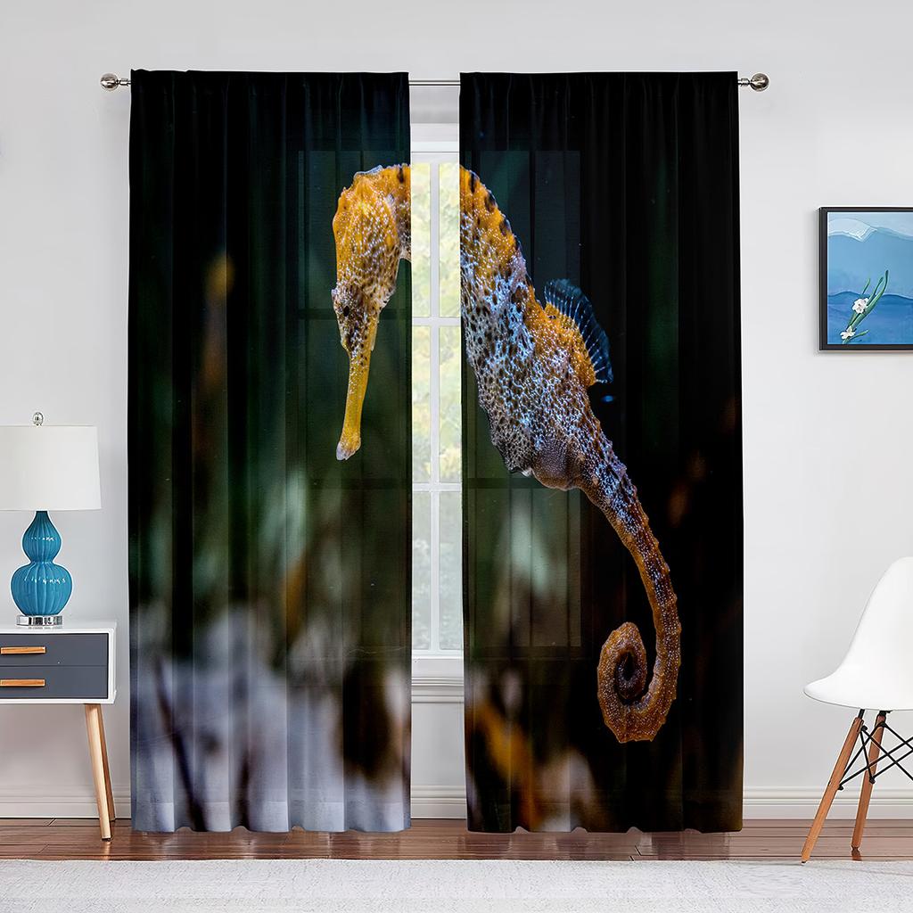 Ocean Seahorse Blue Sheer Voile Curtain Underwater Marine Life Window Tulle Curtains for Living Room Bedroom Kitchen Decoration