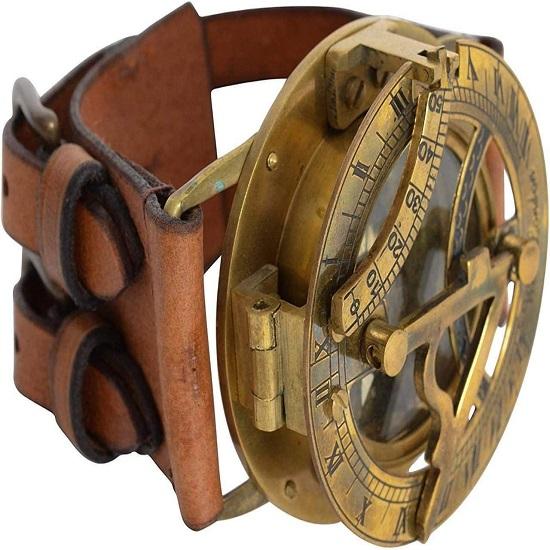 Nautical Vintage Steampunk Sundial Compass Wristwatch Leather Bracelet Handmade