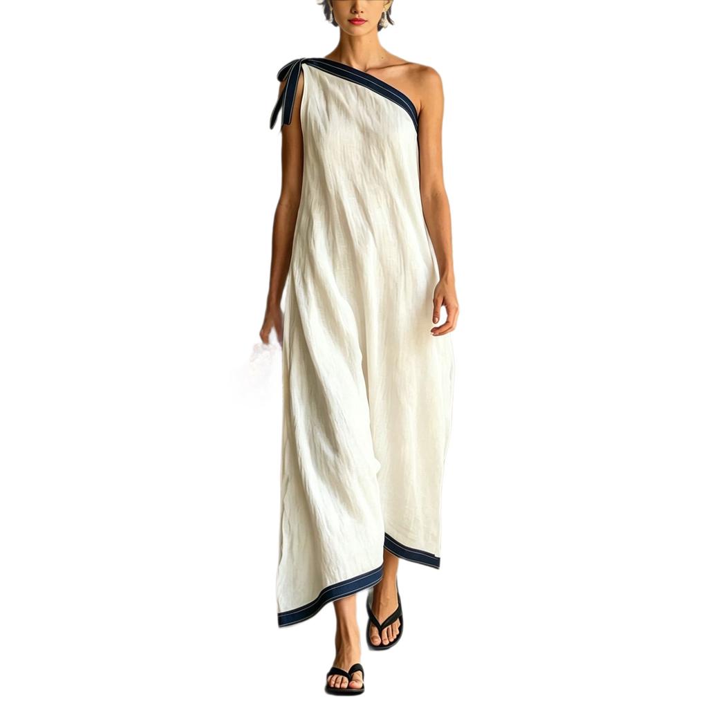 European and American new single shoulder straps linen long dress women's summer vacation style loose and thin dress