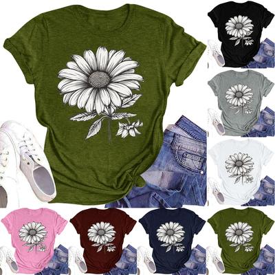 Dam Casual Rundhalsad T-shirt Topp med Blomtryck och Kort Ärm