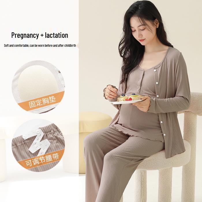 Modal Maternity Pajamas: 3-Piece Autumn Set with Breast Pads, Postpartum Nursing, Belly Comfort, Summer Wear.