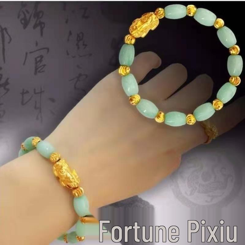 Emerald Color Sand Gold Pixiu Bracelet - Women's Jade-Style Bangle Gift