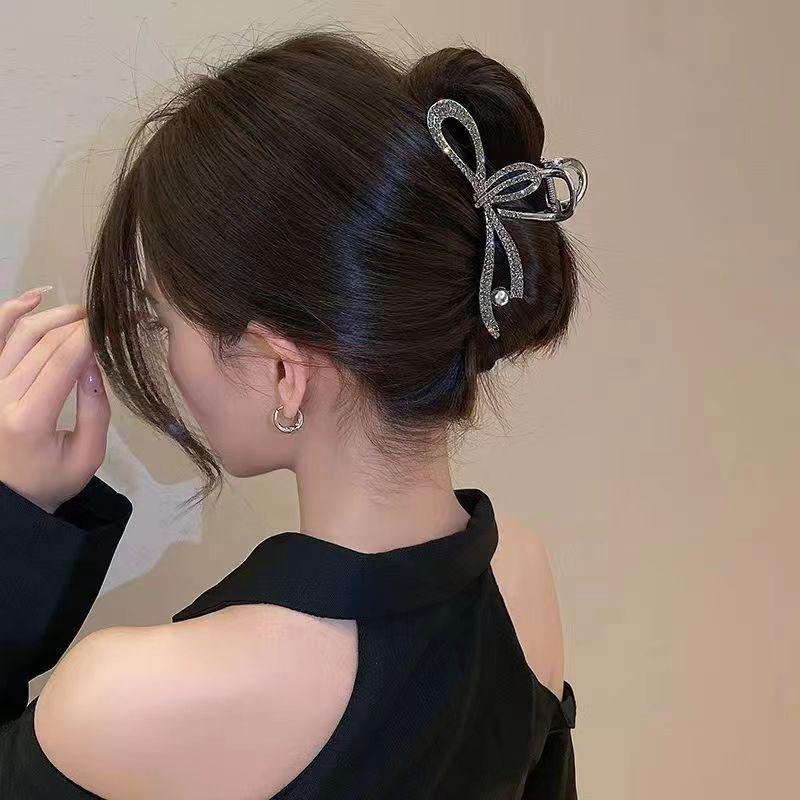 Luxury Black Crysyal Bow Hair Clasp Clip Fashion Large Hairpins Crab Barrettes Hairgrip Korean Hair Claw For Women Hair Accessories