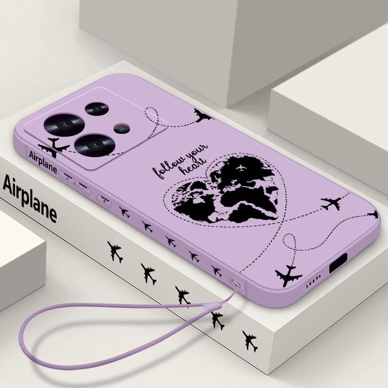 Airplane Heart Map Print Lanyard Case For Xiaomi 14T 13T 11T Pro Funda Redmi Note 14 13 Pro 5G 12 11 Soft TPU Silicone Cover