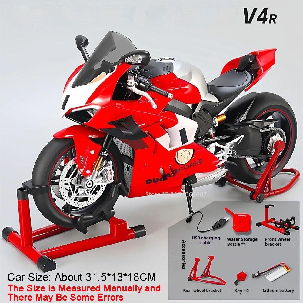Large 1:7 Scale V4 V4R Motorcycle Model Toy Linkage Steering Shock Absorption Spray Motorbikes Sound Light Models for Kids Toys