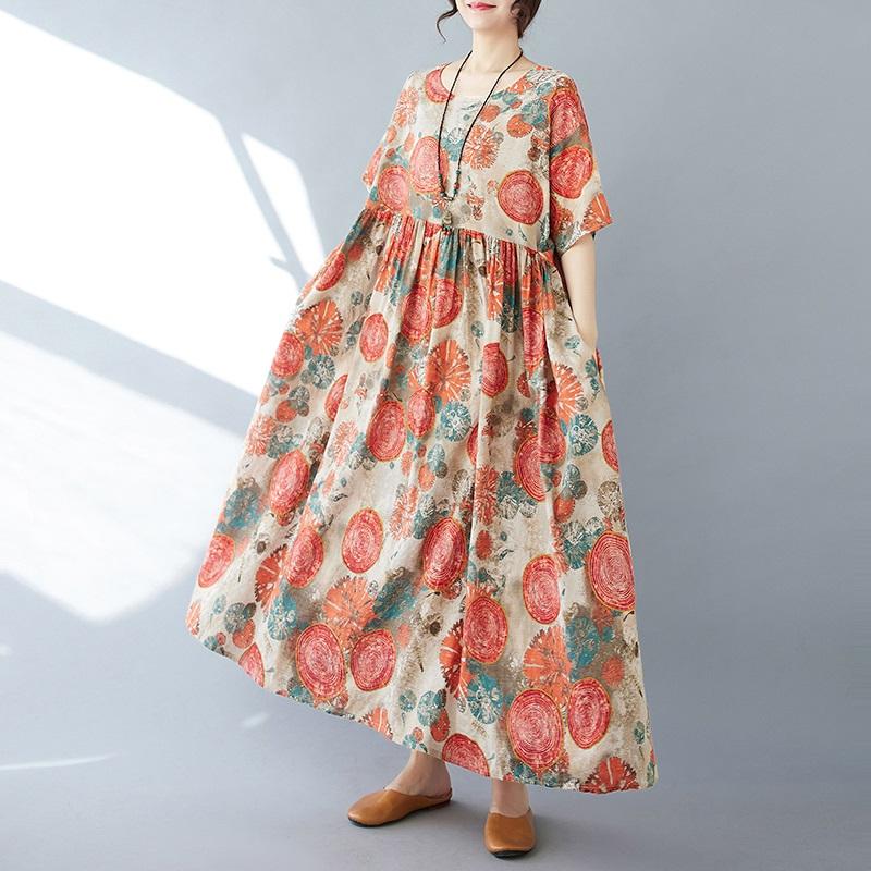 Short Sleeve Plus Size Cotton Vintage Floral New in Dresses for Women Casual Loose Long Summer