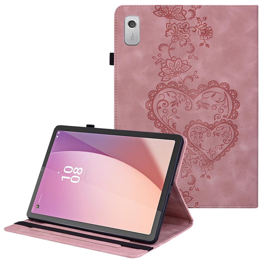 For Lenovo Tab M9 Leather Case Heart Imprint Foldable Stand Card Slot Stylus Holder Tablet Cover