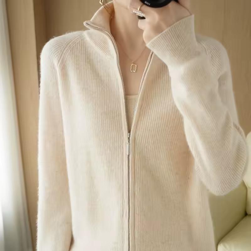 Autumn and Winter Solid Color Zipper Jacket Knitted Sweater Cardigan Women's Standing High Neck Loose Slimming Knitted Sweater Spring