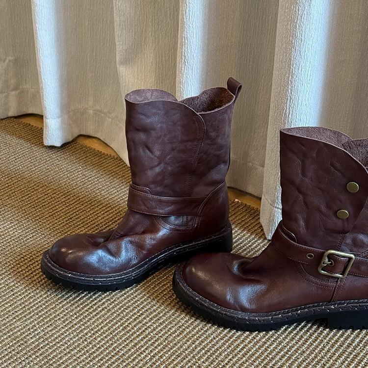 Cowhide Version~ Lazy and Slack Pleated Belt Buckle Thick Heel Short Boots Women's Leather Fashion Retro Versatile Knight Boots