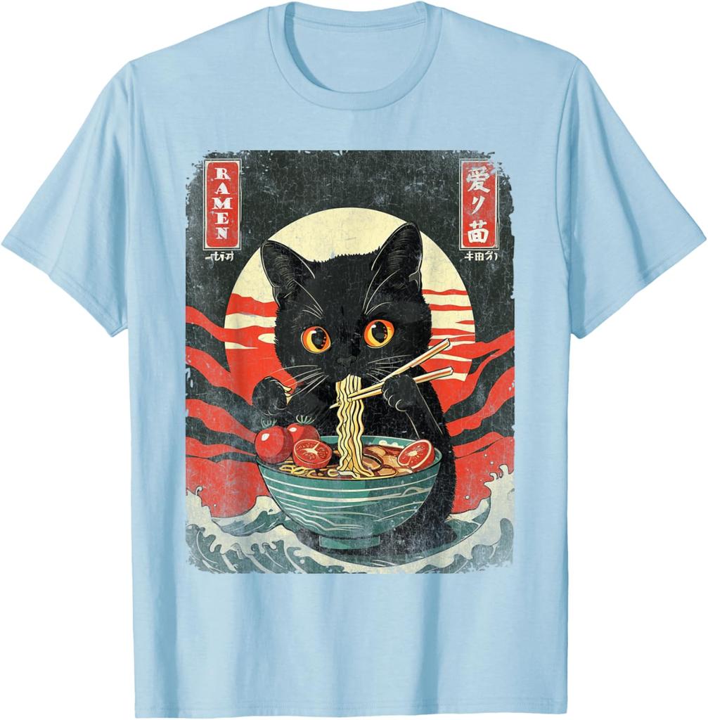 Black Cat Eating Ramen Japanese Style Graphic Tee Men Casual Short Sleeve T-Shirt