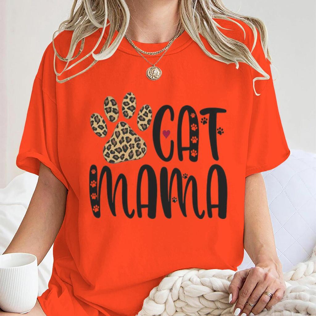 Cat Mama Vintage Cat Paw Printed T Shirts Women Casual Short Sleeve Tshirts Round Neck Tees For Animal Lover Gifts Female Tops