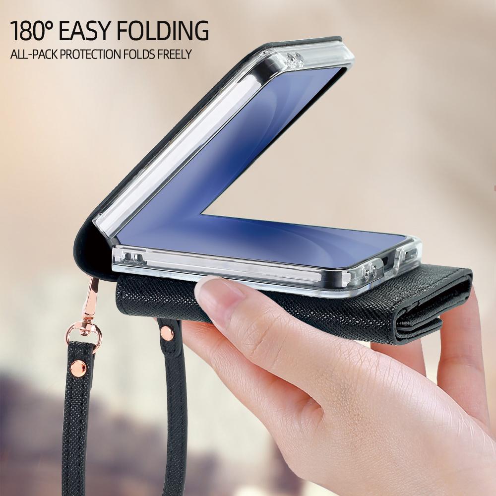 For Samsung Galaxy Z Flip7 5G Wallet Case PU+PC Shockproof Phone Cover with Wrist Strap