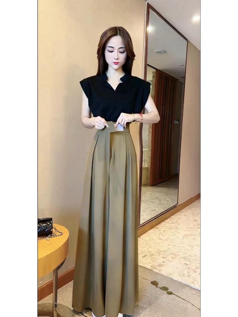 2026 Summer Elegant Stand Collar Cap Sleeve Top & Wide Leg Pants Set