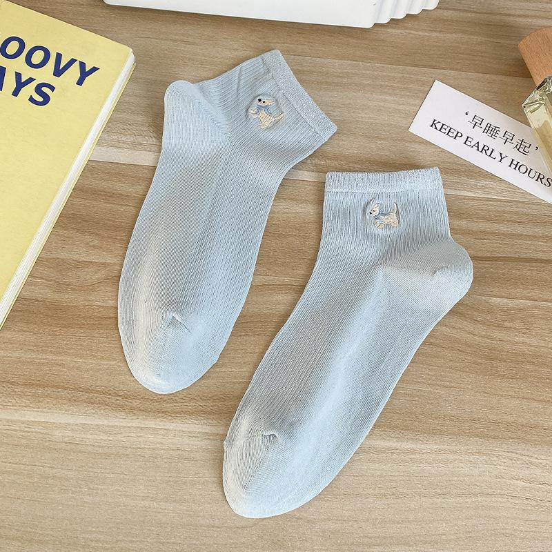 

Sock Children s Summer Lightweight Solid-color Cotton Socks, Breathable, Bone-free Short Socks, Sweat-absorbing, Cute Dog Embroidery Boat Socks 1 pair світло-синій колір