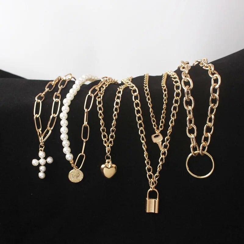 

Multi-layers Necklaces for Women Personality Hollow Geometric Pendantes Necklaces Gold Color Cross Necklaces Punk Collar
