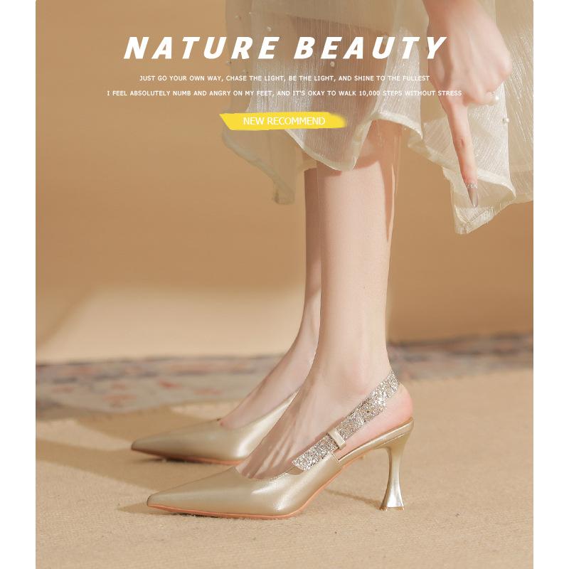 73217 [sheepskin] High Heels Women's Thin Heels 2025 New Bag Head Empty Sandals French Pointed Single Shoes