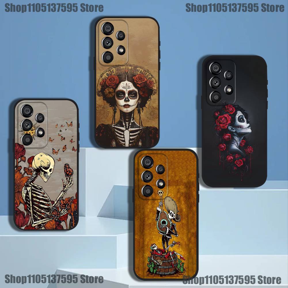 Day of the Dead Mexican Catrina Skull Phone Case For Samsung Galaxy A73,31,32,72,41,53,52,71,22,5G,Note,J7,8,9 Soft Black Cover