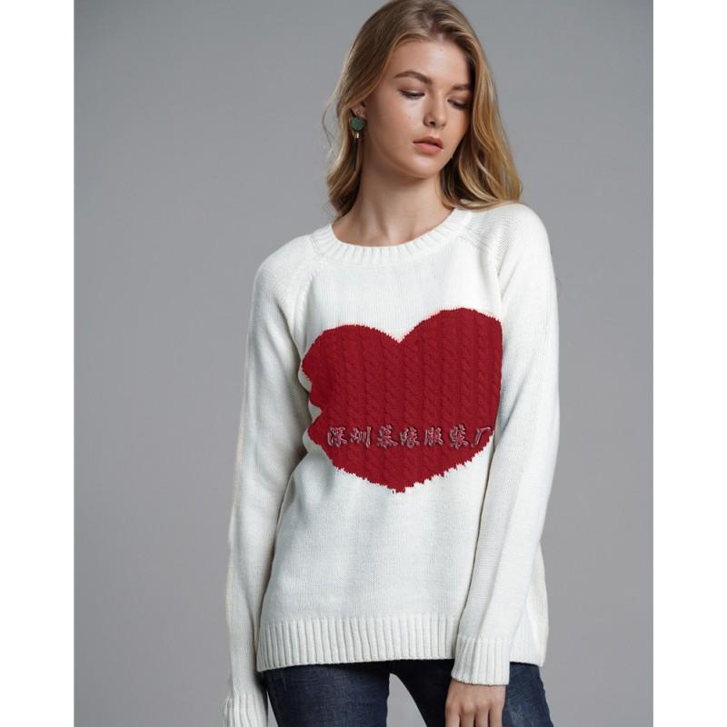 Womens Oversized Knit Sweater Long Sleeve Round Neck Loose Fit Winter Casual Pullover With Heart Detail