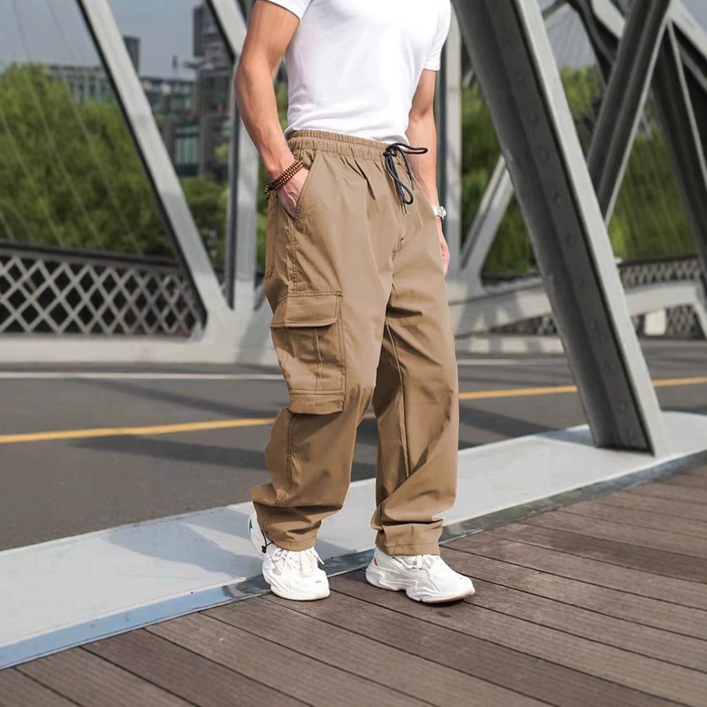 Outdoor commuting multi-pocket tooling trousers, men's summer drawstring elastic waist, wear-resistant straight tactical casual trousers