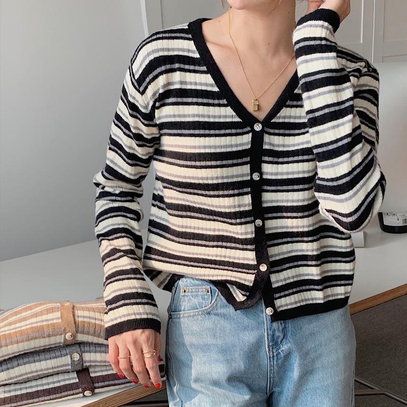 Plus Size Women's Retro Striped Knit Cardigan Loose Fit Sweater