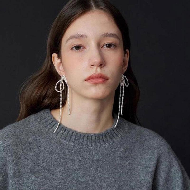 Elegant Faux Pearl Hollow Bow Tassel Drop Earrings For Women Office Career Jewelry