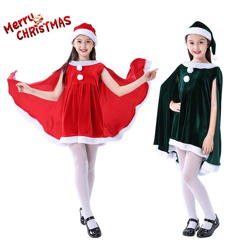 Adorable Toddler Girls Christmas Velvet Outfit With Cloak Cape Santa Claus Elf