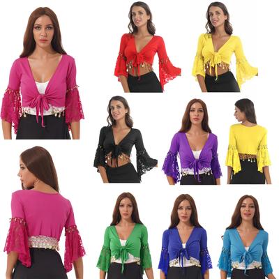 Womens Belly Dance Crop Top Lace Patchwork 3/4 Flared Sleeves Bell Bead Tassel Lace Up Detail Shawl Cardigan