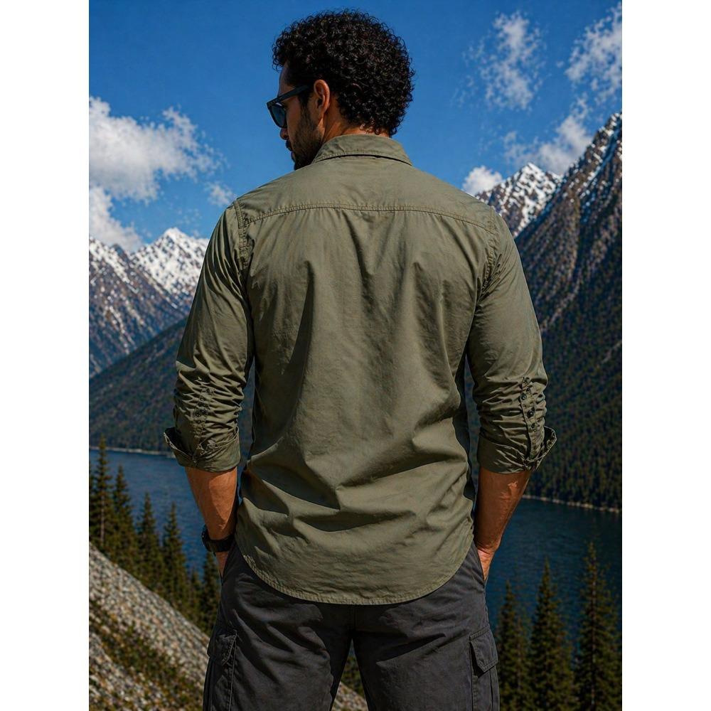 Military-style workwear; embroidered loose-fit long-sleeved men’s casual shirt; loose-fit long-sleeved men’s shirt with a turn-down collar men’s shirt