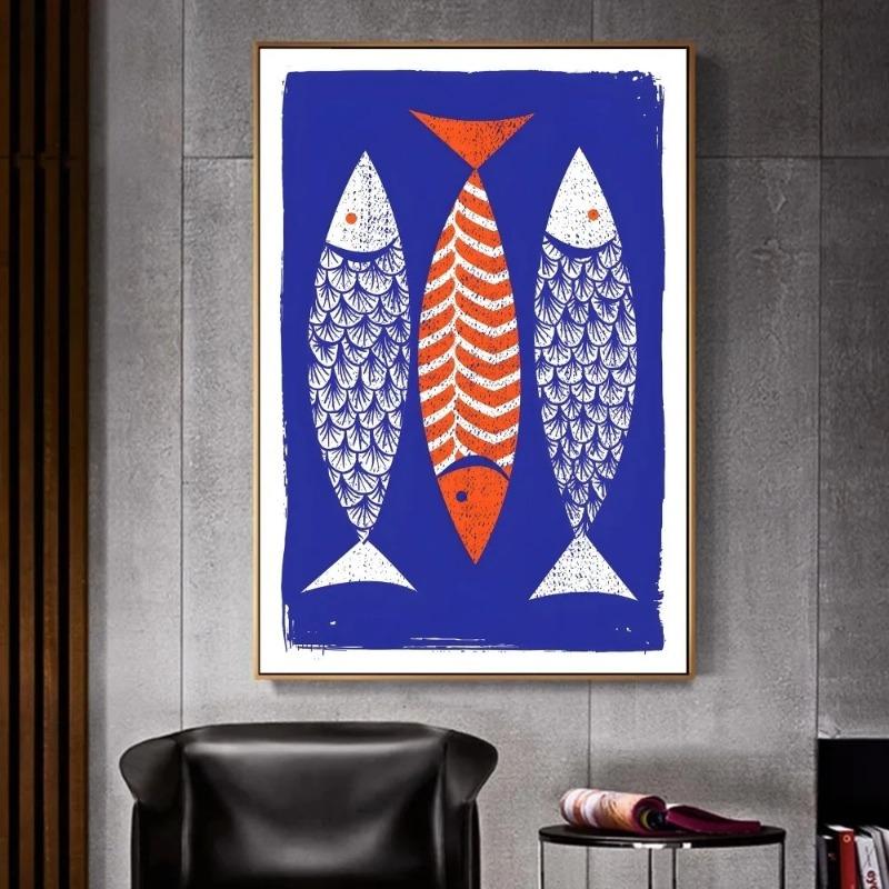 Colorful Sardine Lobster Fish Ocean Animal Whitepaper Canvas Painting  Fancy for Living Room Bar Decoration Vintage Painting