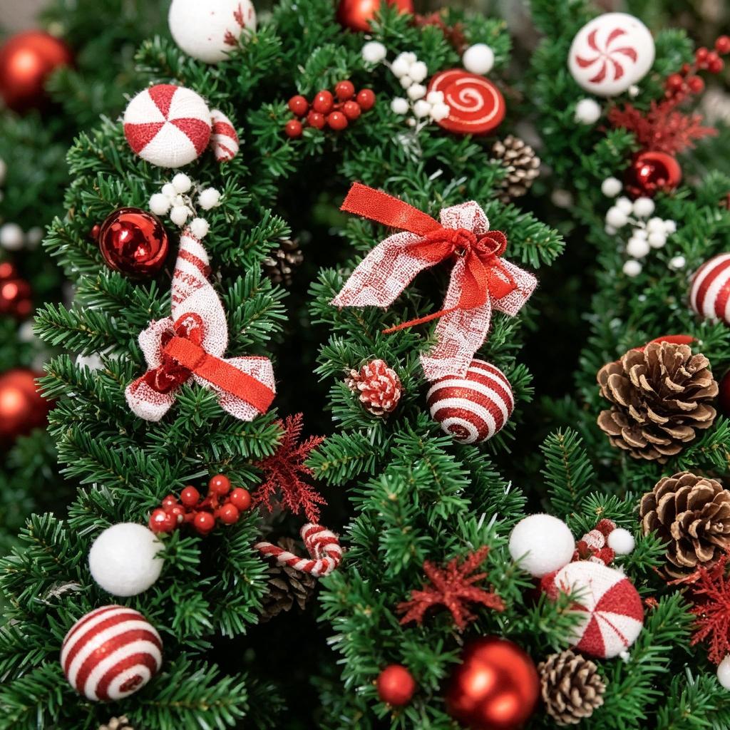 Red Candy Cane Christmas Garland Wreath - PVC Pine Needles with Pinecone Accents - Moon-Shaped Hanging Decor for Door Wall Window